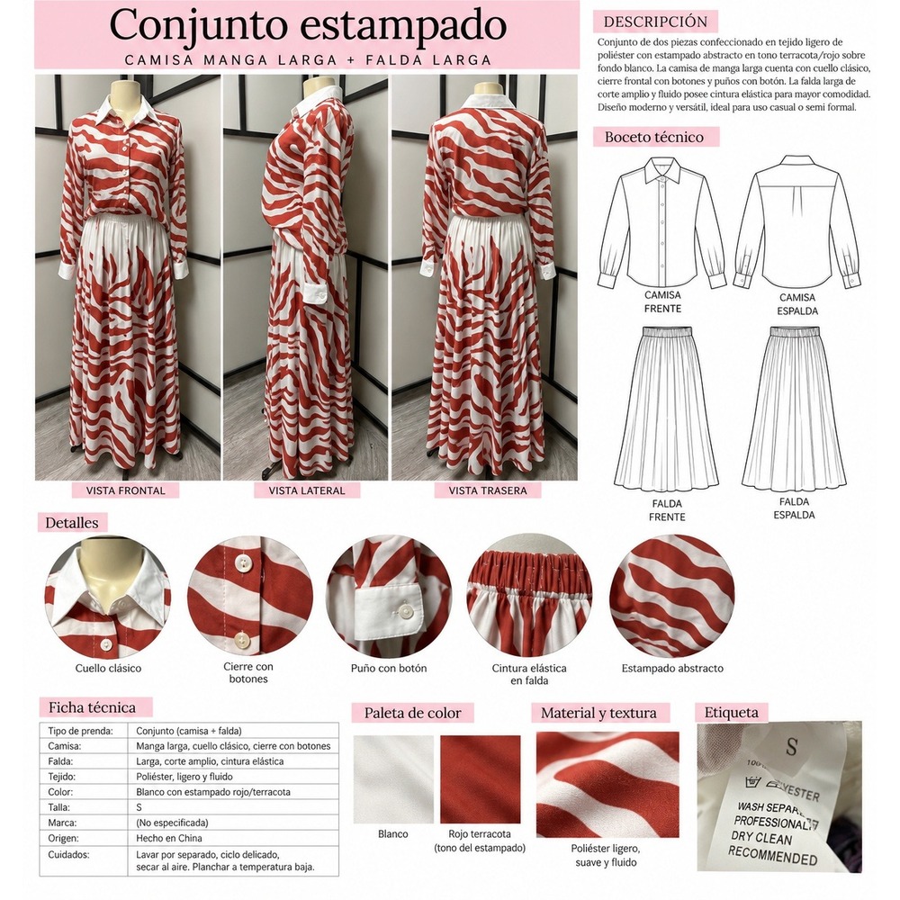 Conjunto de dos piezas compuesto por camisa de manga larga y falda larga ,
